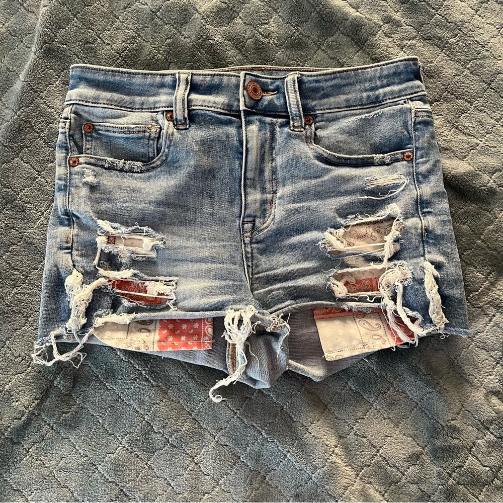 American Eagle Ne(x)t Level Stretch Distressed Paisley Patch Denim Shorts 6